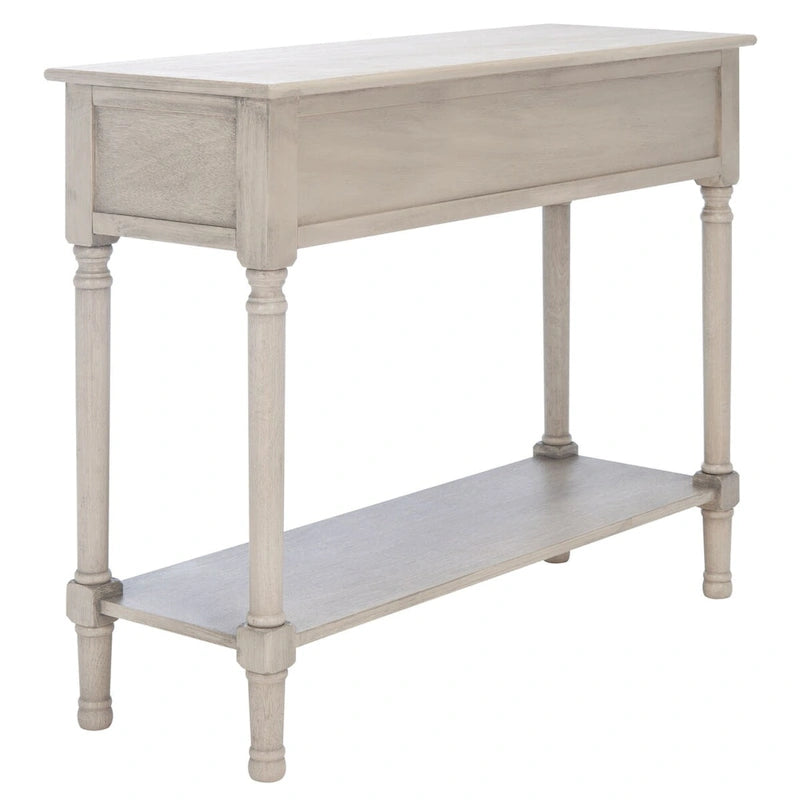 Console de ferme vieillie grise / blanche / grège / noire avec 2 tiroirs, pieds tournés et détails sculptés – Unité unique