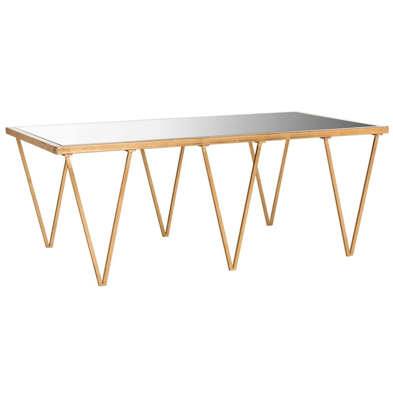 Table basse à feuille d'or antique avec plateau miroir poli et cadre géométrique – Unité individuelle