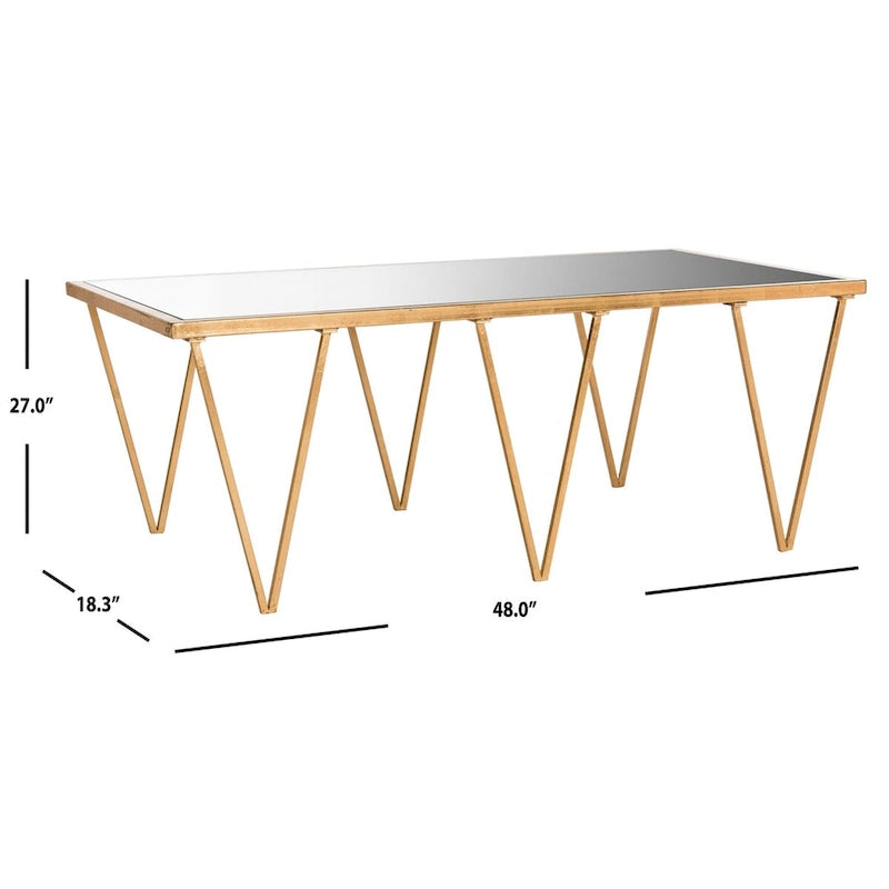 Table basse à feuille d'or antique avec plateau miroir poli et cadre géométrique – Unité individuelle