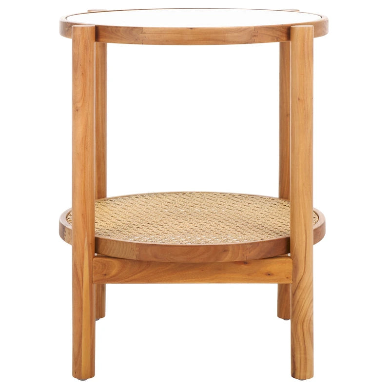 Table d'appoint à deux niveaux noire et naturelle avec plateau en verre trempé, base en rotin tressé et pieds en bois d'orme – Unité simple