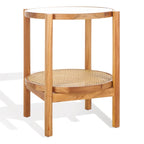 Table d'appoint à deux niveaux noire et naturelle avec plateau en verre trempé, base en rotin tressé et pieds en bois d'orme – Unité simple