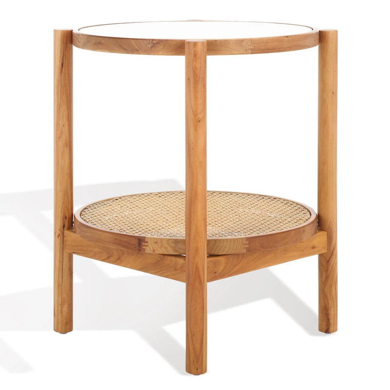 Table d'appoint à deux niveaux noire et naturelle avec plateau en verre trempé, base en rotin tressé et pieds en bois d'orme – Unité simple