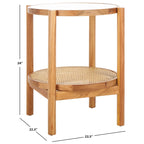 Table d'appoint à deux niveaux noire et naturelle avec plateau en verre trempé, base en rotin tressé et pieds en bois d'orme – Unité simple