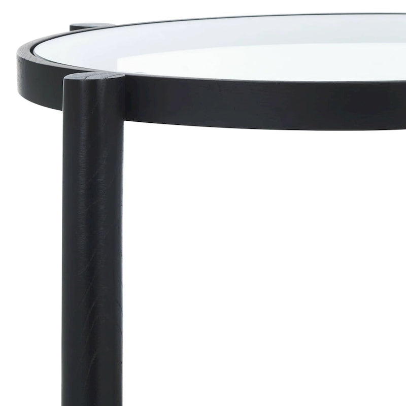 Table d'appoint à deux niveaux noire et naturelle avec plateau en verre trempé, base en rotin tressé et pieds en bois d'orme – Unité simple