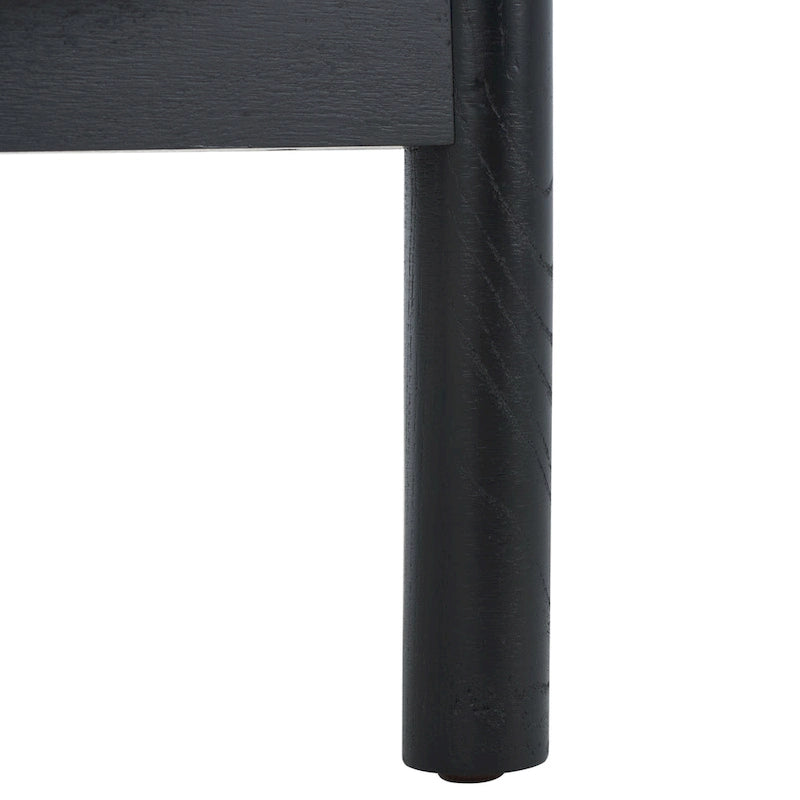 Table d'appoint à deux niveaux noire et naturelle avec plateau en verre trempé, base en rotin tressé et pieds en bois d'orme – Unité simple