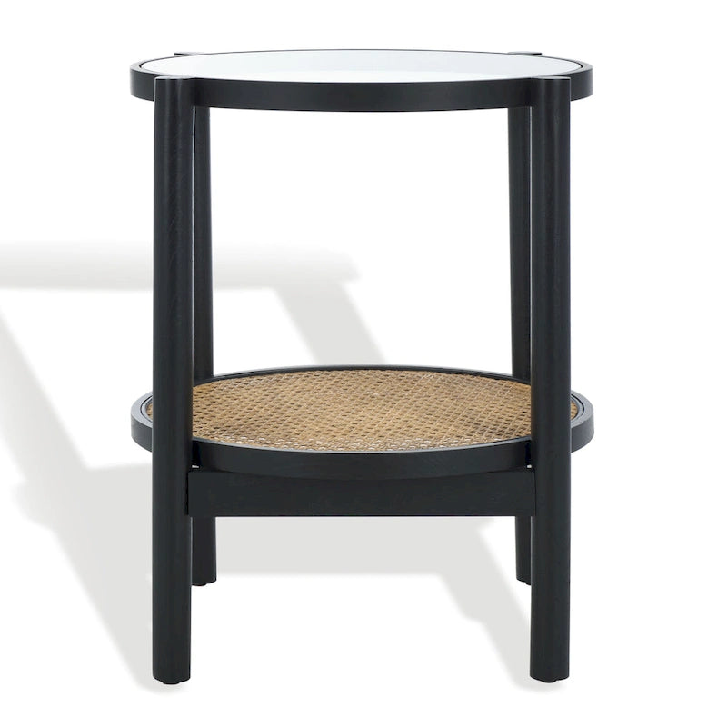 Table d'appoint à deux niveaux noire et naturelle avec plateau en verre trempé, base en rotin tressé et pieds en bois d'orme – Unité simple