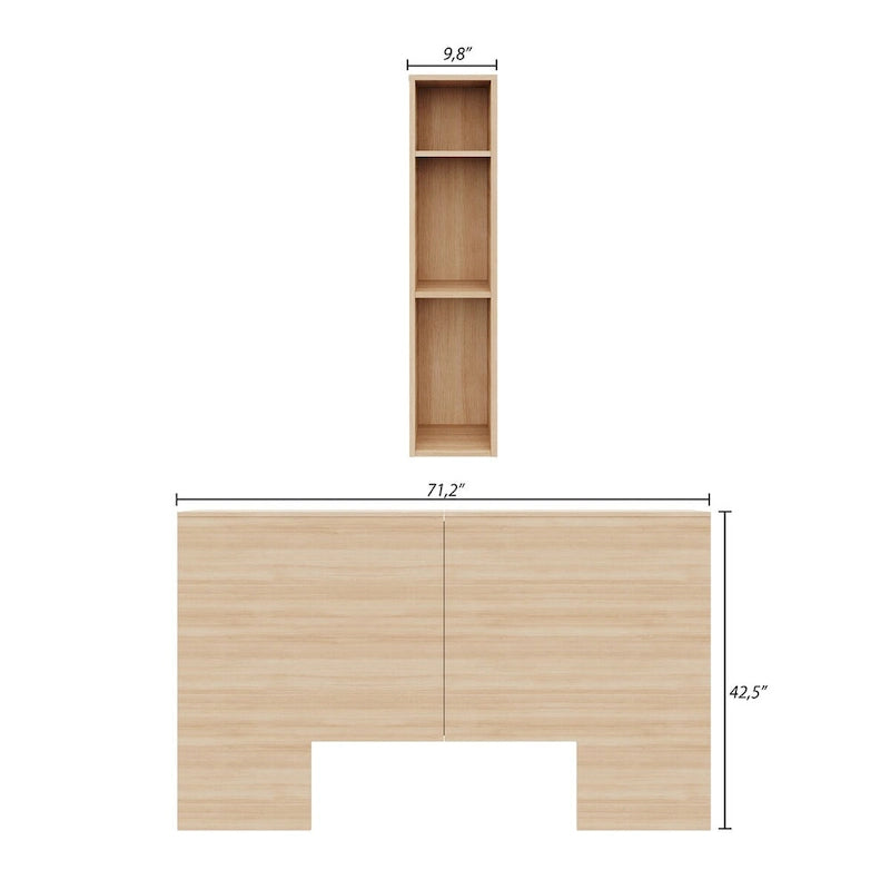 Tête de lit moderne en bois composite chêne clair naturel / chêne brun avec 3 étagères de chaque côté – Unité simple