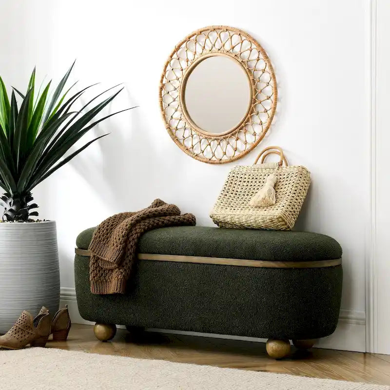 Banc coffre de rangement rembourré en fil bouclé vert foncé / bleu foncé – Unité unique