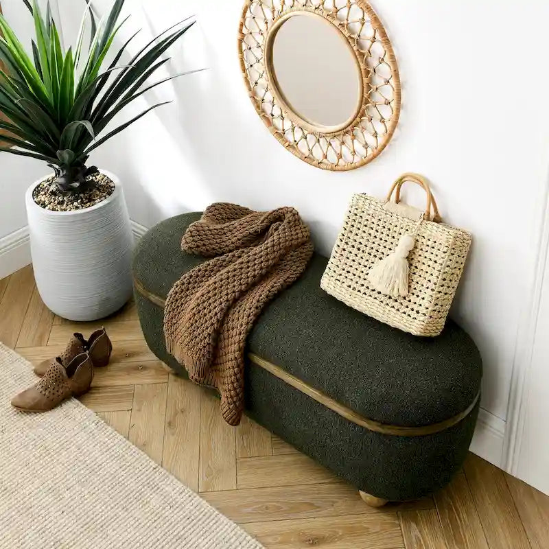 Banc coffre de rangement rembourré en fil bouclé vert foncé / bleu foncé – Unité unique