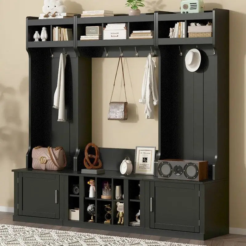 Meuble d'entrée modulaire 4-en-1 noir/blanc avec porte-manteau, banc, meuble à chaussures et étagère de présentation – Unité unique