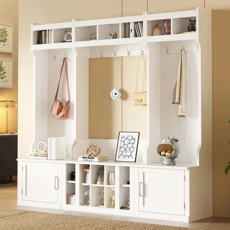 Meuble d'entrée modulaire 4-en-1 noir/blanc avec porte-manteau, banc, meuble à chaussures et étagère de présentation – Unité unique