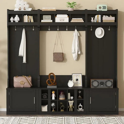 Meuble d'entrée modulaire 4-en-1 noir/blanc avec porte-manteau, banc, meuble à chaussures et étagère de présentation – Unité unique