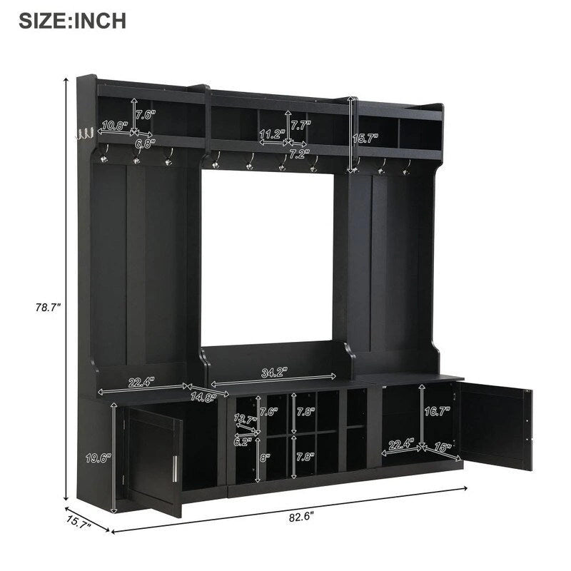 Meuble d'entrée modulaire 4-en-1 noir/blanc avec porte-manteau, banc, meuble à chaussures et étagère de présentation – Unité unique