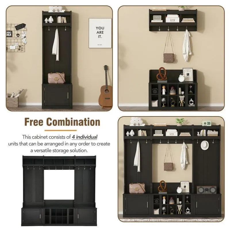 Meuble d'entrée modulaire 4-en-1 noir/blanc avec porte-manteau, banc, meuble à chaussures et étagère de présentation – Unité unique