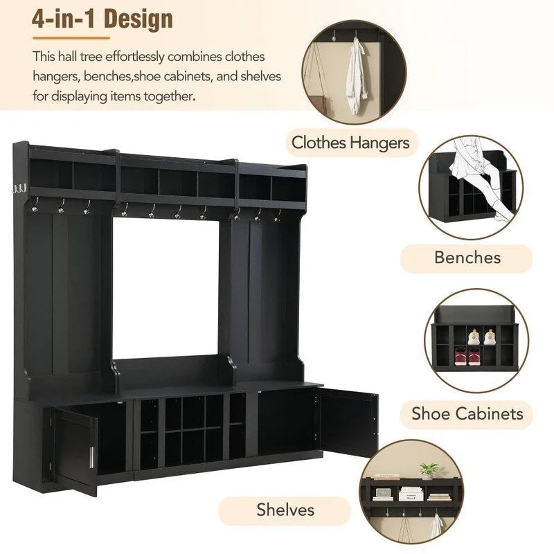 Meuble d'entrée modulaire 4-en-1 noir/blanc avec porte-manteau, banc, meuble à chaussures et étagère de présentation – Unité unique