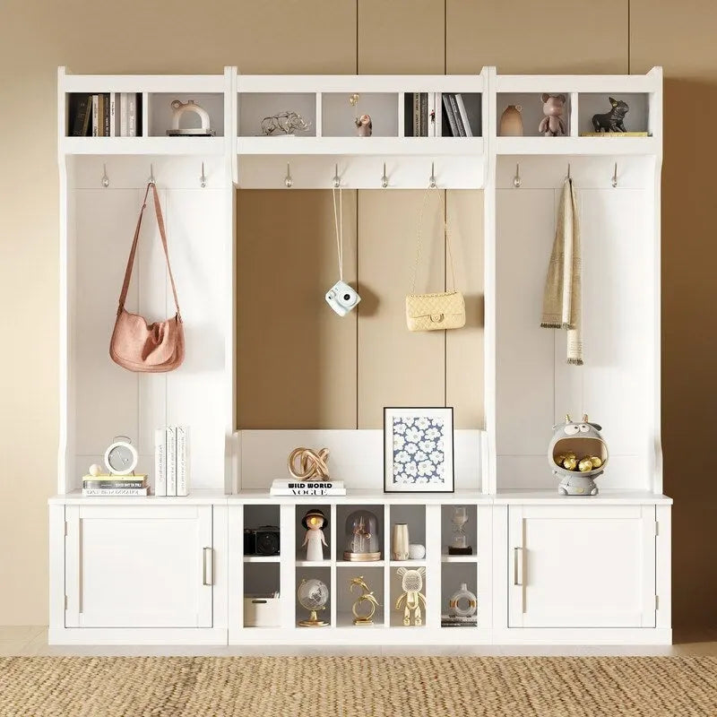 Meuble d'entrée modulaire 4-en-1 noir/blanc avec porte-manteau, banc, meuble à chaussures et étagère de présentation – Unité unique