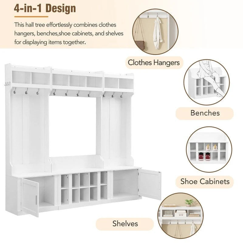 Meuble d'entrée modulaire 4-en-1 noir/blanc avec porte-manteau, banc, meuble à chaussures et étagère de présentation – Unité unique