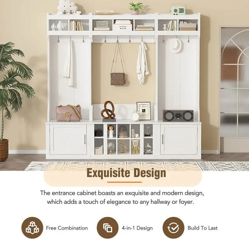 Meuble d'entrée modulaire 4-en-1 noir/blanc avec porte-manteau, banc, meuble à chaussures et étagère de présentation – Unité unique
