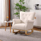 Fauteuil à bascule simple en velours beige/gris/orange, avec assise à ressorts ondulés et patins en bois d'hévéa