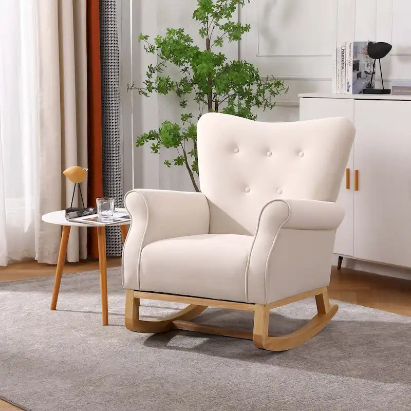 Fauteuil à bascule simple en velours beige/gris/orange, avec assise à ressorts ondulés et patins en bois d'hévéa