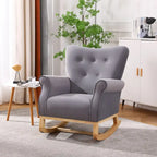 Fauteuil à bascule simple en velours beige/gris/orange, avec assise à ressorts ondulés et patins en bois d'hévéa