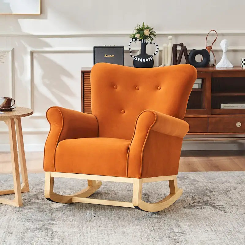 Fauteuil à bascule simple en velours beige/gris/orange, avec assise à ressorts ondulés et patins en bois d'hévéa