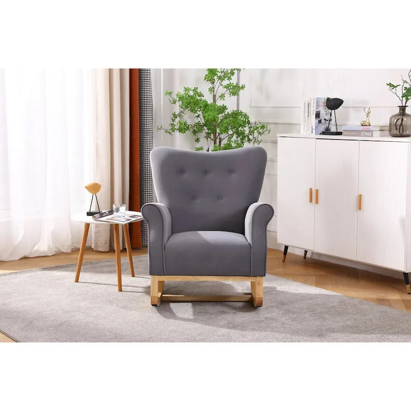 Fauteuil à bascule simple en velours beige/gris/orange, avec assise à ressorts ondulés et patins en bois d'hévéa