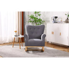 Fauteuil à bascule simple en velours beige/gris/orange, avec assise à ressorts ondulés et patins en bois d'hévéa