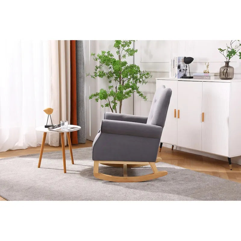 Fauteuil à bascule simple en velours beige/gris/orange, avec assise à ressorts ondulés et patins en bois d'hévéa