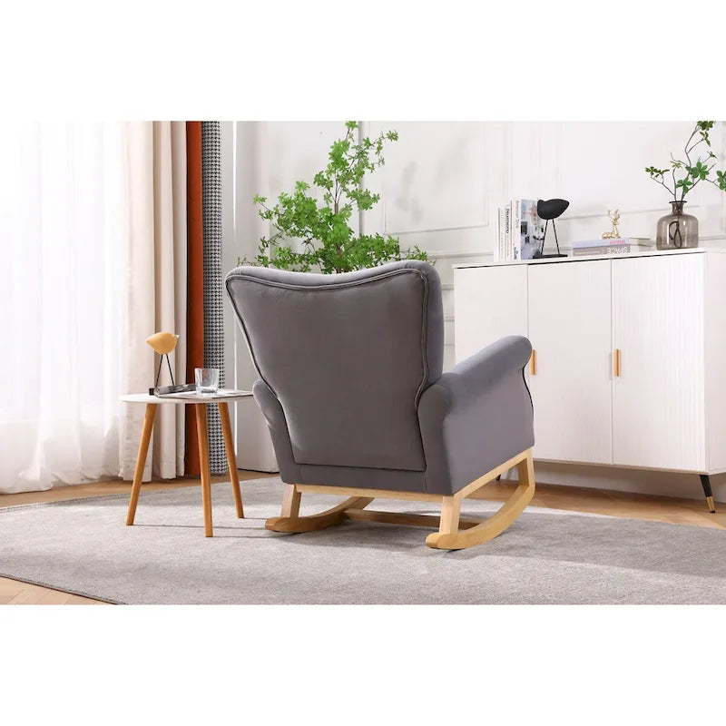 Fauteuil à bascule simple en velours beige/gris/orange, avec assise à ressorts ondulés et patins en bois d'hévéa