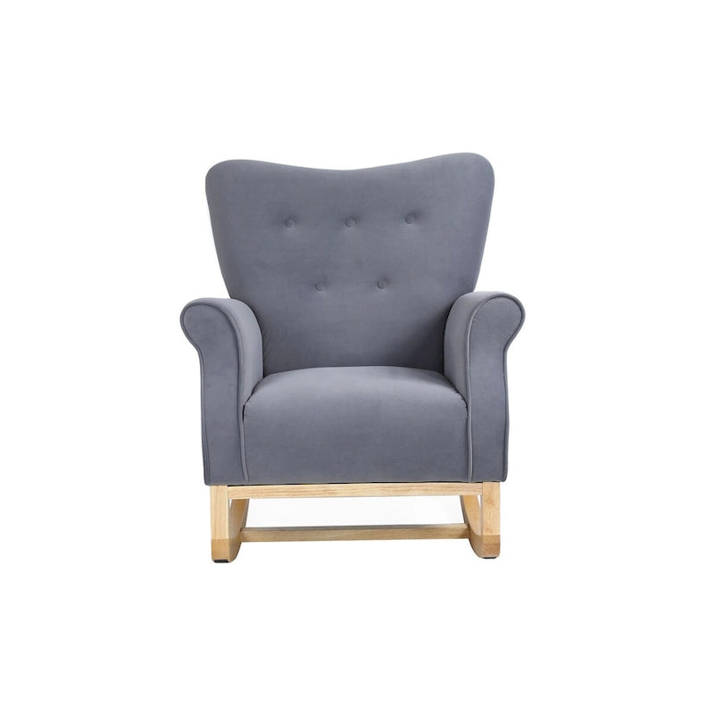Fauteuil à bascule simple en velours beige/gris/orange, avec assise à ressorts ondulés et patins en bois d'hévéa
