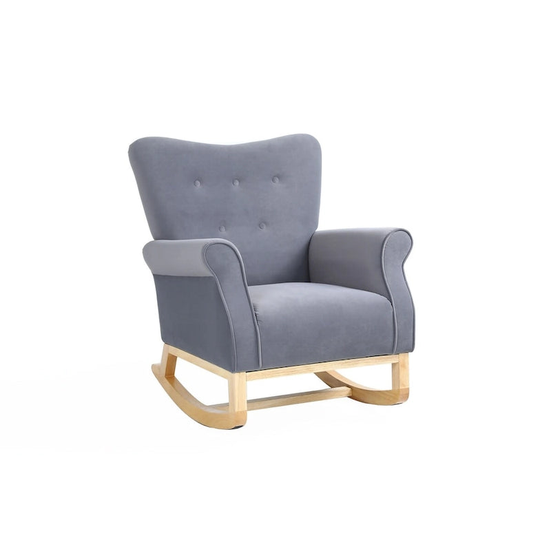 Fauteuil à bascule simple en velours beige/gris/orange, avec assise à ressorts ondulés et patins en bois d'hévéa