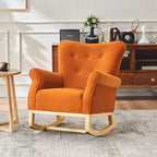 Fauteuil à bascule simple en velours beige/gris/orange, avec assise à ressorts ondulés et patins en bois d'hévéa