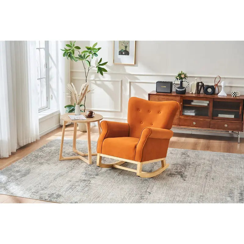 Fauteuil à bascule simple en velours beige/gris/orange, avec assise à ressorts ondulés et patins en bois d'hévéa