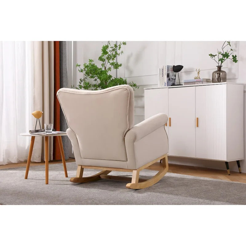 Fauteuil à bascule simple en velours beige/gris/orange, avec assise à ressorts ondulés et patins en bois d'hévéa