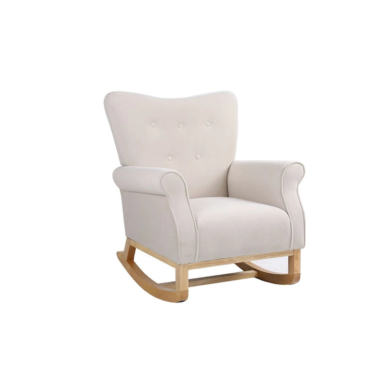Fauteuil à bascule simple en velours beige/gris/orange, avec assise à ressorts ondulés et patins en bois d'hévéa