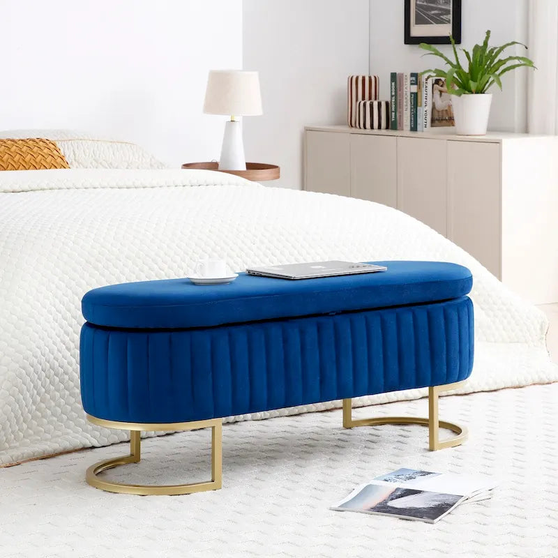 Banc ottoman de rangement ovale en velours rose/bleu/beige avec dessus relevable fendu et pieds en métal doré – Unité individuelle