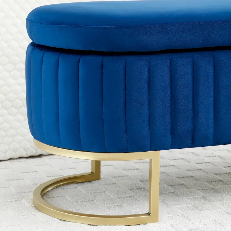 Banc ottoman de rangement ovale en velours rose/bleu/beige avec dessus relevable fendu et pieds en métal doré – Unité individuelle