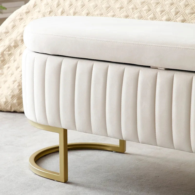 Banc ottoman de rangement ovale en velours rose/bleu/beige avec dessus relevable fendu et pieds en métal doré – Unité individuelle