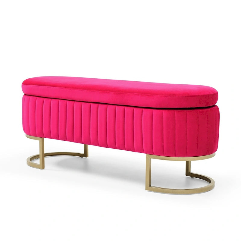 Banc ottoman de rangement ovale en velours rose/bleu/beige avec dessus relevable fendu et pieds en métal doré – Unité individuelle
