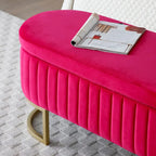 Banc ottoman de rangement ovale en velours rose/bleu/beige avec dessus relevable fendu et pieds en métal doré – Unité individuelle