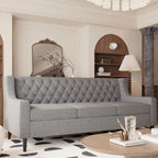 Canapé moderne du milieu du siècle en tissu beige/gris avec dossier capitonné et coussins en mousse haute densité – 3 places