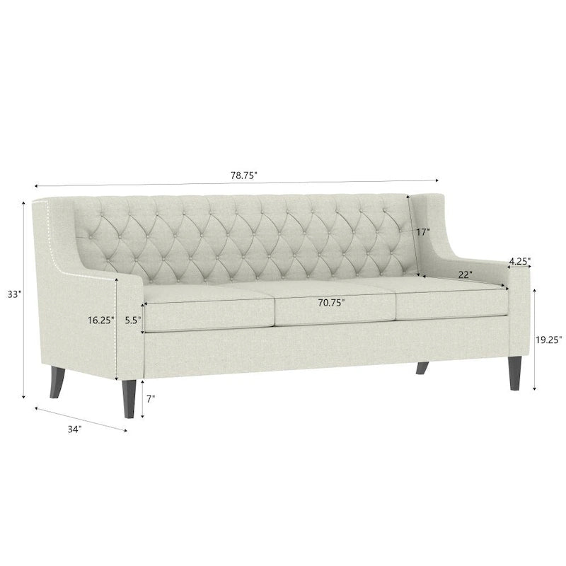 Canapé moderne du milieu du siècle en tissu beige/gris avec dossier capitonné et coussins en mousse haute densité – 3 places