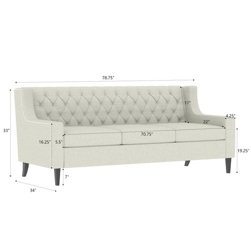 Canapé moderne du milieu du siècle en tissu beige/gris avec dossier capitonné et coussins en mousse haute densité – 3 places
