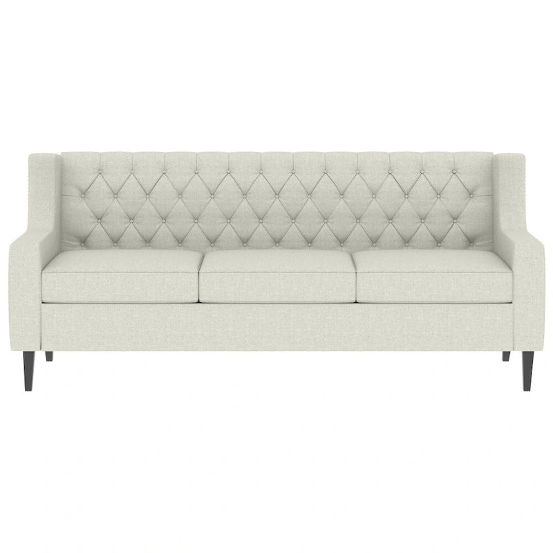 Canapé moderne du milieu du siècle en tissu beige/gris avec dossier capitonné et coussins en mousse haute densité – 3 places