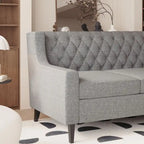 Canapé moderne du milieu du siècle en tissu beige/gris avec dossier capitonné et coussins en mousse haute densité – 3 places