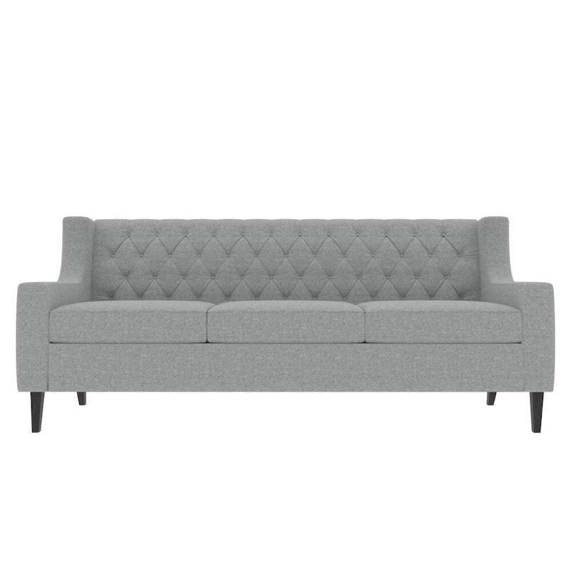 Canapé moderne du milieu du siècle en tissu beige/gris avec dossier capitonné et coussins en mousse haute densité – 3 places