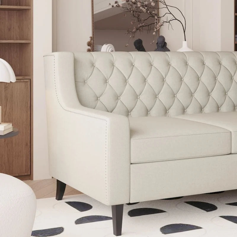 Canapé moderne du milieu du siècle en tissu beige/gris avec dossier capitonné et coussins en mousse haute densité – 3 places
