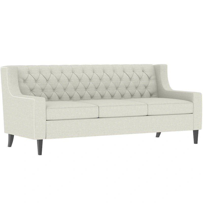 Canapé moderne du milieu du siècle en tissu beige/gris avec dossier capitonné et coussins en mousse haute densité – 3 places