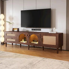 Meuble TV en MDF marron foncé avec tiroirs en rotin PE, 4 portes en verre trempé et pieds en bois massif – Unité simple